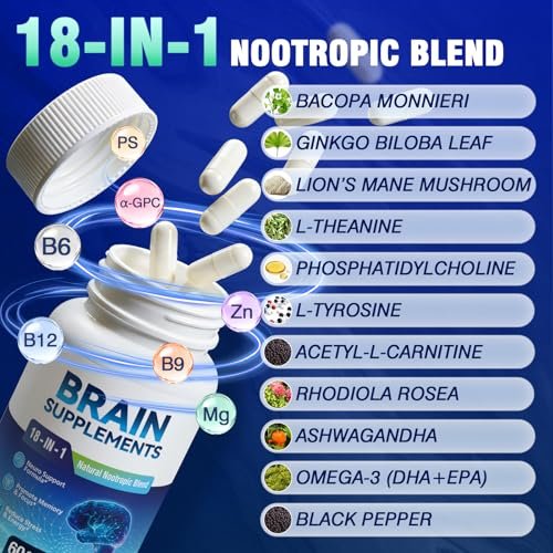 Fenolutra 18-in-1 Gehirn Nahrungsergänzungsmittel für Gedächtnis und Fokus – Nootropika Kapseln mit Alpha GPC, Bacopa, Ginkgo Biloba, Löwenmähne, Vitamin B6 & B12 | Kognitive Gesundheit, Geistige Klarheit | Vegan, Nicht-GVO