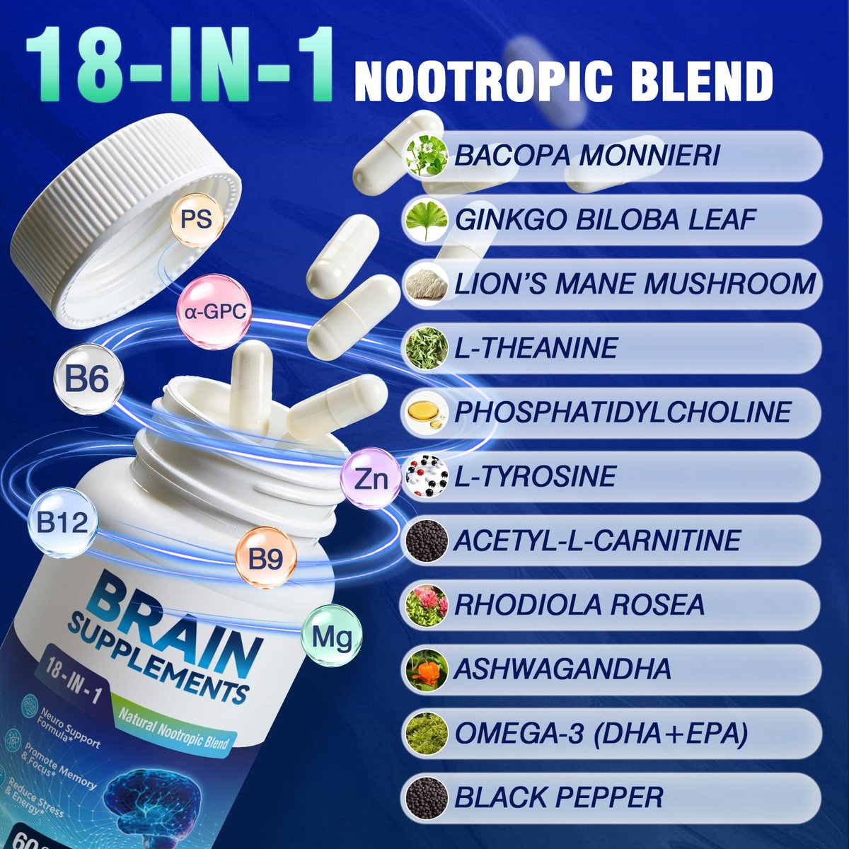 Fenolutra 18-in-1 Gehirn Nahrungsergänzungsmittel für Gedächtnis und Fokus – Nootropika Kapseln mit Alpha GPC, Bacopa, Ginkgo Biloba, Löwenmähne, Vitamin B6 & B12 | Kognitive Gesundheit, Geistige Klarheit | Vegan, Nicht-GVO