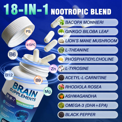 Fenolutra 18-in-1 Gehirn Nahrungsergänzungsmittel für Gedächtnis und Fokus – Nootropika Kapseln mit Alpha GPC, Bacopa, Ginkgo Biloba, Löwenmähne, Vitamin B6 & B12 | Kognitive Gesundheit, Geistige Klarheit | Vegan, Nicht-GVO