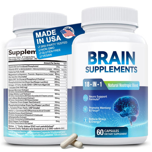 Fenolutra 18-in-1 Gehirn Nahrungsergänzungsmittel für Gedächtnis und Fokus – Nootropika Kapseln mit Alpha GPC, Bacopa, Ginkgo Biloba, Löwenmähne, Vitamin B6 & B12 | Kognitive Gesundheit, Geistige Klarheit | Vegan, Nicht-GVO