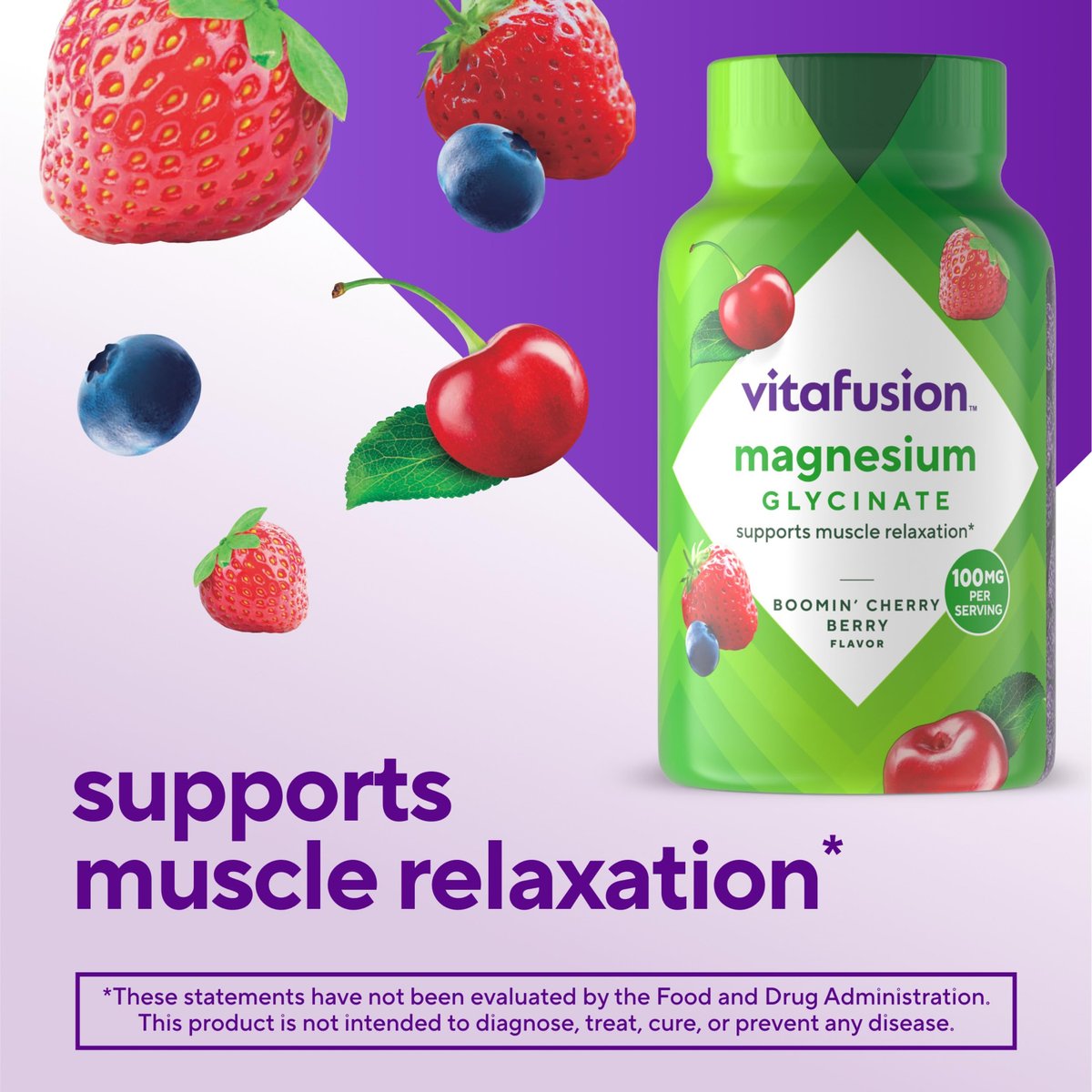 Vitafusion Magnesium Glycinat Gummis – 100 mg pro Portion zur Unterstützung der Muskelentspannung für Erwachsene, Boomin’ Cherry Berry Geschmack, 60 Stück
