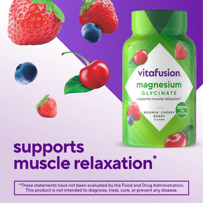 Vitafusion Magnesium Glycinat Gummis – 100 mg pro Portion zur Unterstützung der Muskelentspannung für Erwachsene, Boomin’ Cherry Berry Geschmack, 60 Stück