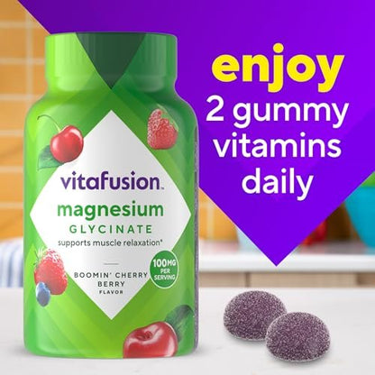 Vitafusion Magnesium Glycinat Gummis – 100 mg pro Portion zur Unterstützung der Muskelentspannung für Erwachsene, Boomin’ Cherry Berry Geschmack, 60 Stück