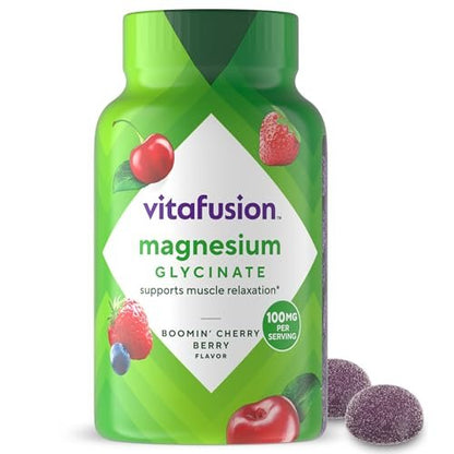 Vitafusion Magnesium Glycinat Gummis – 100 mg pro Portion zur Unterstützung der Muskelentspannung für Erwachsene, Boomin’ Cherry Berry Geschmack, 60 Stück
