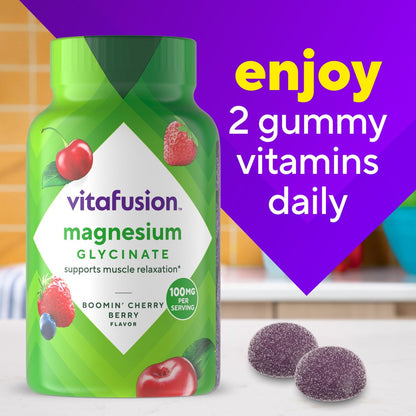 Vitafusion Magnesium Glycinat Gummis – 100 mg pro Portion zur Unterstützung der Muskelentspannung für Erwachsene, Boomin’ Cherry Berry Geschmack, 60 Stück