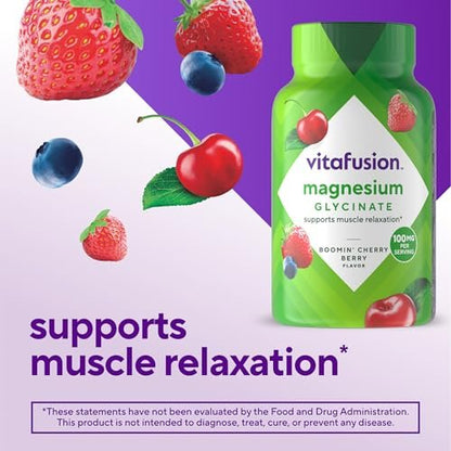 Vitafusion Magnesium Glycinat Gummis – 100 mg pro Portion zur Unterstützung der Muskelentspannung für Erwachsene, Boomin’ Cherry Berry Geschmack, 60 Stück