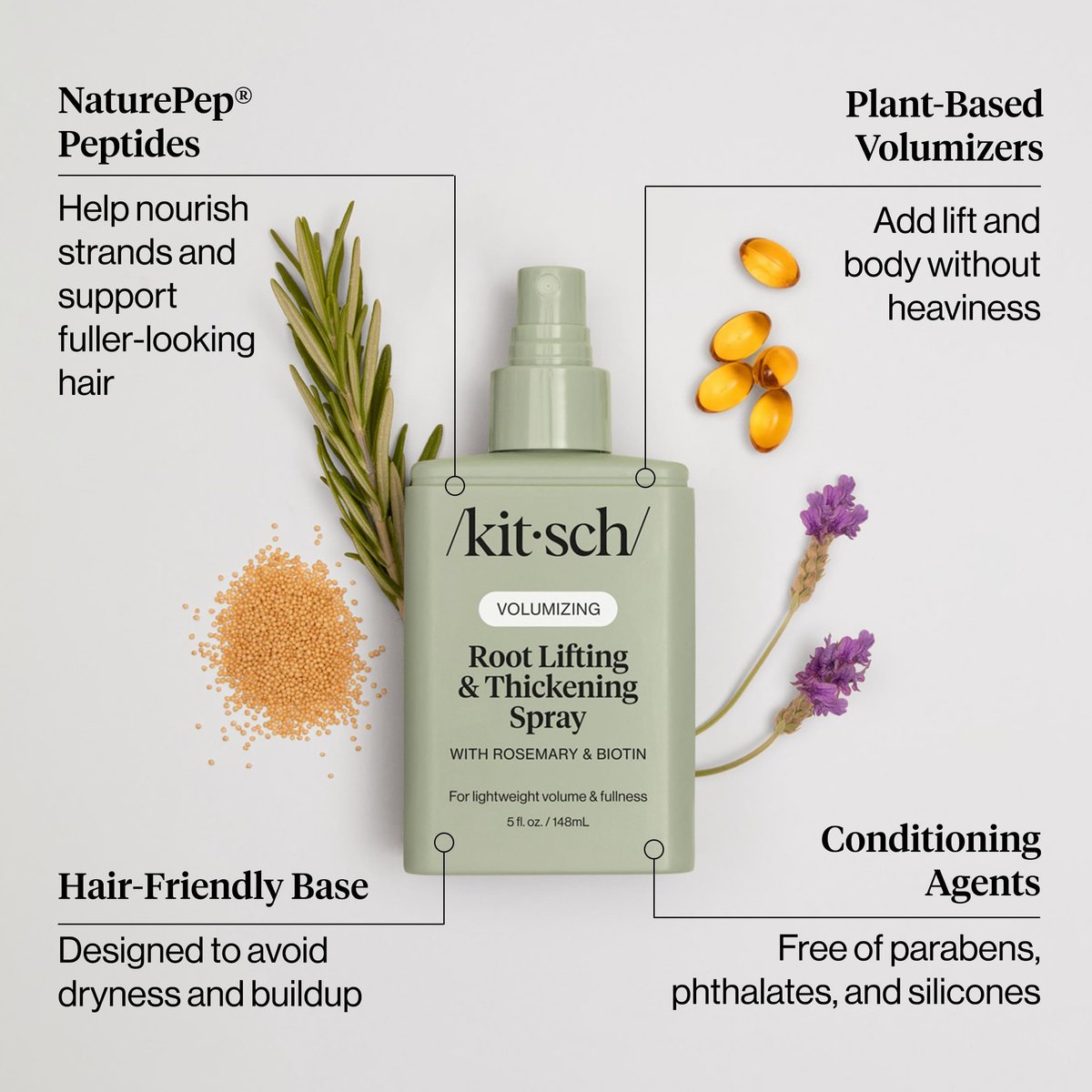Kitsch Root Hair Volume Spray - Leichter Haar-Volumenspray für sofortigen Lift und Fülle | Haarverdickungsspray mit Rosmarin und Biotin | Weiches, griffiges Volumen-Finish - 150 ml