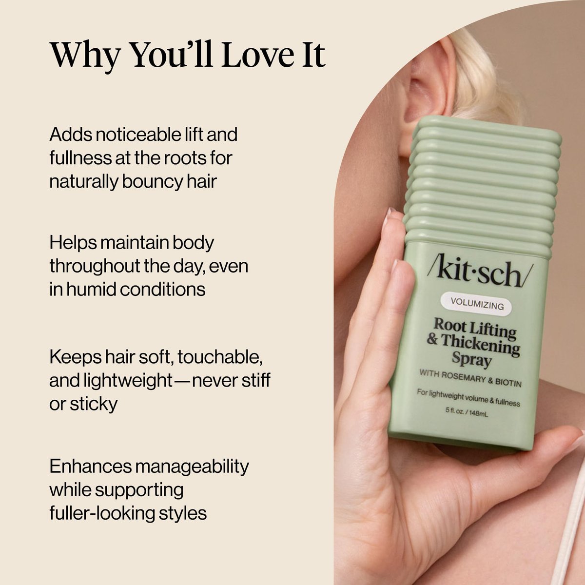 Kitsch Root Hair Volume Spray - Leichter Haar-Volumenspray für sofortigen Lift und Fülle | Haarverdickungsspray mit Rosmarin und Biotin | Weiches, griffiges Volumen-Finish - 150 ml