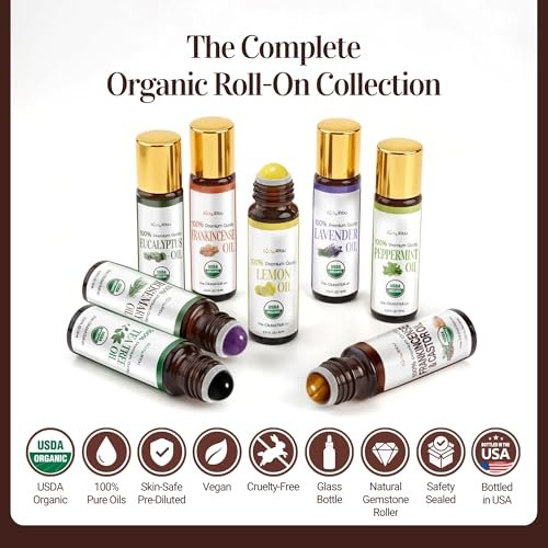 Rizinusöl mit Weihrauch Roll-On für Gesicht, Augenbrauen & Augenpartie – 100% reines Bio-MCT-Kokosöl, dunkle Ringe & feine Linien, Gesichtspflege-Serum mit Edelsteinroller, 10 ml Reisegröße