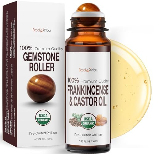 Rizinusöl mit Weihrauch Roll-On für Gesicht, Augenbrauen & Augenpartie – 100% reines Bio-MCT-Kokosöl, dunkle Ringe & feine Linien, Gesichtspflege-Serum mit Edelsteinroller, 10 ml Reisegröße