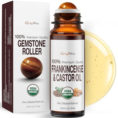 Rizinusöl mit Weihrauch Roll-On für Gesicht, Augenbrauen & Augenpartie – 100% reines Bio-MCT-Kokosöl, dunkle Ringe & feine Linien, Gesichtspflege-Serum mit Edelsteinroller, 10 ml Reisegröße