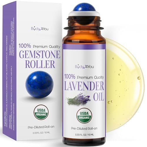 Lavendel Ätherisches Öl Roll-On für Schlaf, Angst & Stressabbau – 100% reines USDA Bio, vorgemischt mit MCT Kokosöl – Beruhigende Aromatherapie für Yoga & Entspannung – Edelsteinroller 10 ml Reisegröße