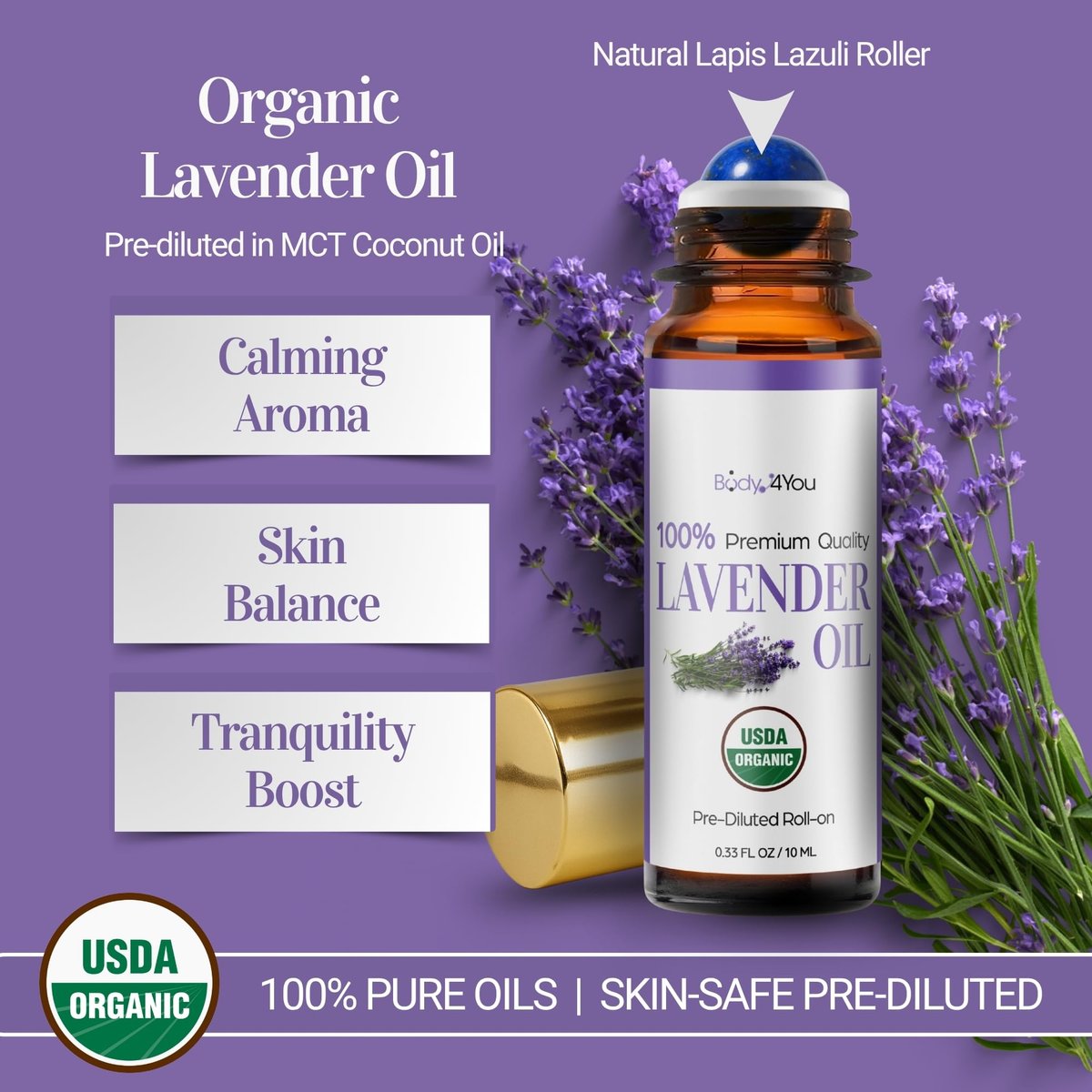 Lavendel Ätherisches Öl Roll-On für Schlaf, Angst & Stressabbau – 100% reines USDA Bio, vorgemischt mit MCT Kokosöl – Beruhigende Aromatherapie für Yoga & Entspannung – Edelsteinroller 10 ml Reisegröße