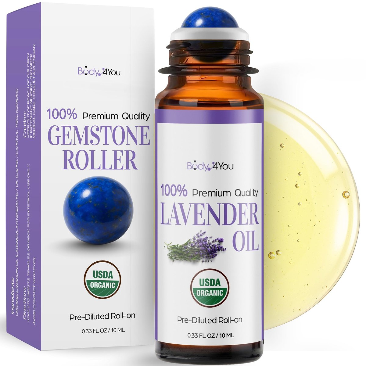 Lavendel Ätherisches Öl Roll-On für Schlaf, Angst & Stressabbau – 100% reines USDA Bio, vorgemischt mit MCT Kokosöl – Beruhigende Aromatherapie für Yoga & Entspannung – Edelsteinroller 10 ml Reisegröße