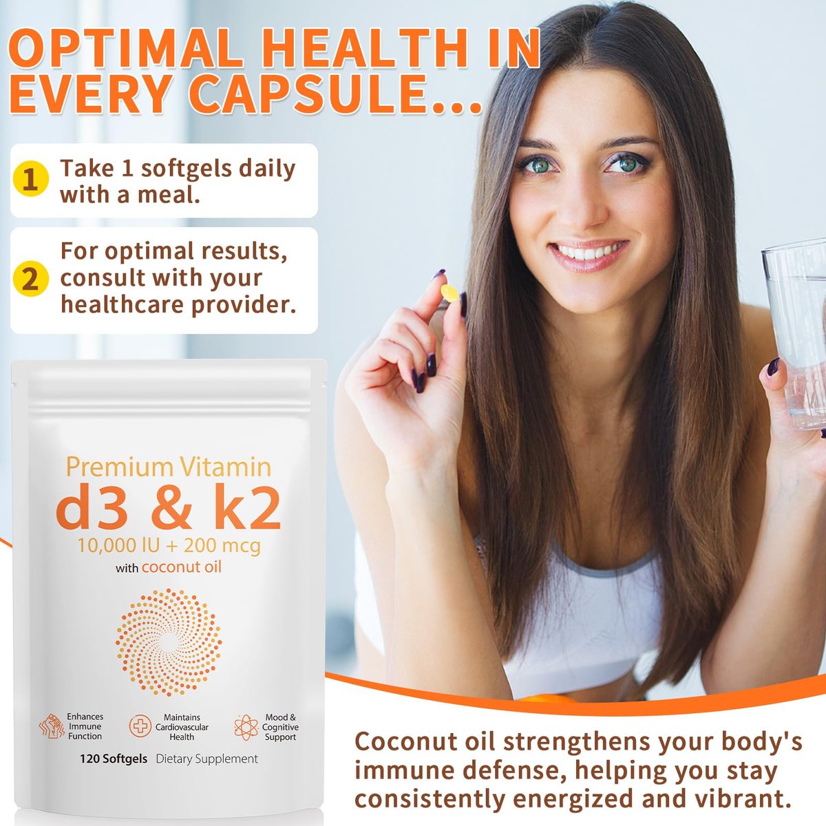 Daiasns Vitamin D3 K2 10000 IE – Hochdosiertes D3 K2 Präparat für Muskel- und Gehirngesundheit, Unterstützung des Immunsystems und des Herz-Kreislauf-Systems – 120 Softgels