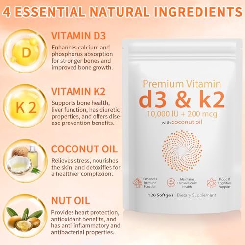 Daiasns Vitamin D3 K2 10000 IE – Hochdosiertes D3 K2 Präparat für Muskel- und Gehirngesundheit, Unterstützung des Immunsystems und des Herz-Kreislauf-Systems – 120 Softgels