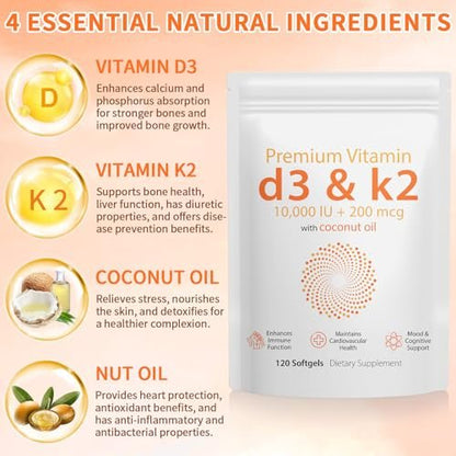 Daiasns Vitamin D3 K2 10000 IE – Hochdosiertes D3 K2 Präparat für Muskel- und Gehirngesundheit, Unterstützung des Immunsystems und des Herz-Kreislauf-Systems – 120 Softgels