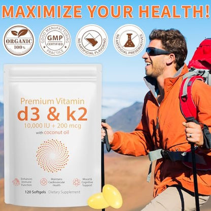 D3 K2 Vitamin 10000 IE - 240 Weichkapseln mit Virgin Kokosöl, 2-in-1 Vitamin D & K Komplex, Immununterstützung und Calciumaufnahme, Knochen- und Herzgesundheit (240 Kapseln, Packung mit 2)
