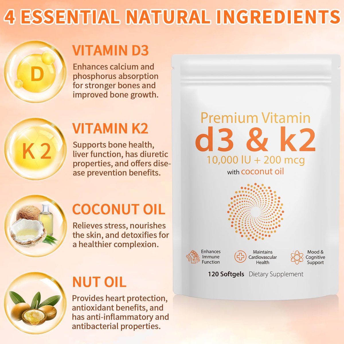 Daiasns Vitamin D3 K2 10000 IE – Hochdosiertes D3 K2 Präparat für Muskel- und Gehirngesundheit, Unterstützung des Immunsystems und des Herz-Kreislauf-Systems – 120 Softgels
