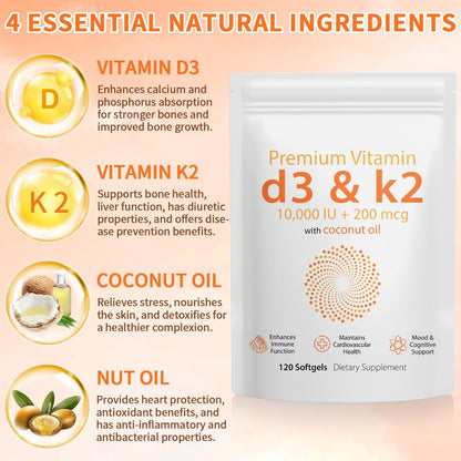 Daiasns Vitamin D3 K2 10000 IE – Hochdosiertes D3 K2 Präparat für Muskel- und Gehirngesundheit, Unterstützung des Immunsystems und des Herz-Kreislauf-Systems – 120 Softgels