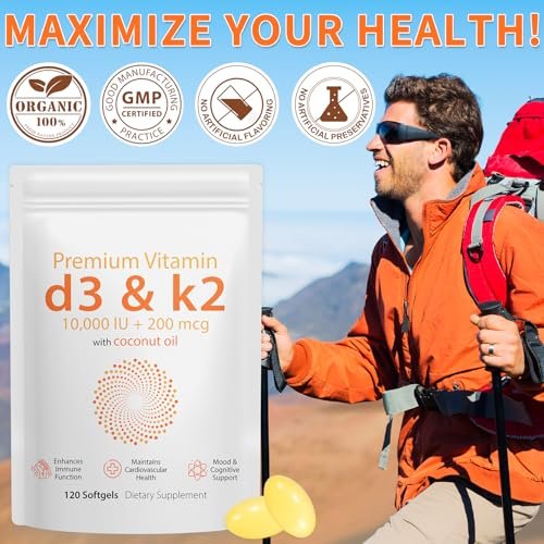 D3 K2 Vitamin 10000 IE - 240 Weichkapseln mit Virgin Kokosöl, 2-in-1 Vitamin D & K Komplex, Immununterstützung und Calciumaufnahme, Knochen- und Herzgesundheit (240 Kapseln, Packung mit 2)