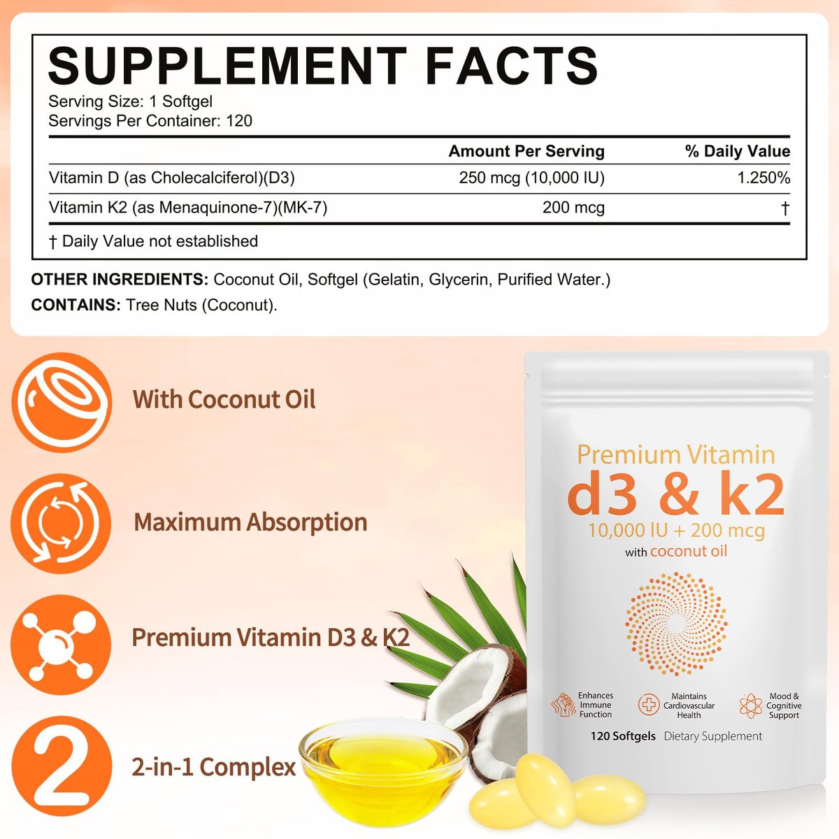 Daiasns Vitamin D3 K2 10000 IE – Hochdosiertes D3 K2 Präparat für Muskel- und Gehirngesundheit, Unterstützung des Immunsystems und des Herz-Kreislauf-Systems – 120 Softgels