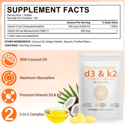 Daiasns Vitamin D3 K2 10000 IE – Hochdosiertes D3 K2 Präparat für Muskel- und Gehirngesundheit, Unterstützung des Immunsystems und des Herz-Kreislauf-Systems – 120 Softgels