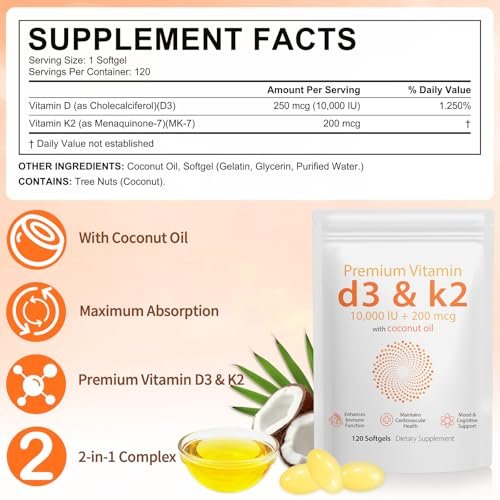 Daiasns Vitamin D3 K2 10000 IE – Hochdosiertes D3 K2 Präparat für Muskel- und Gehirngesundheit, Unterstützung des Immunsystems und des Herz-Kreislauf-Systems – 120 Softgels