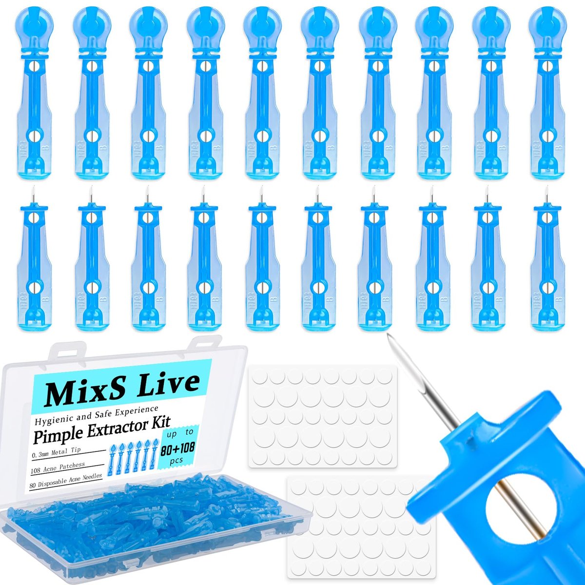 MixS Live Steriles Pickel-Nadel-Set – 80 Stück 0,3 mm Ultrafeine Pickel-Nadeln + 108 Pickel-Pflaster – Effektive Mitesser- & Hautunreinheiten-Entfernung für reine Haut