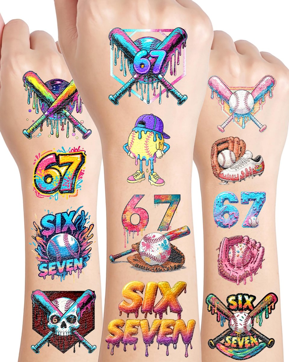 YanZonic 166 Stücke Drip Baseball Temporäre Tattoos - 6 7 Rosa Baseball Thema Party, Eiscreme Drip Party Dekorationen, Baseball Drip Party Geschenk, 15 Blätter 48 Stile