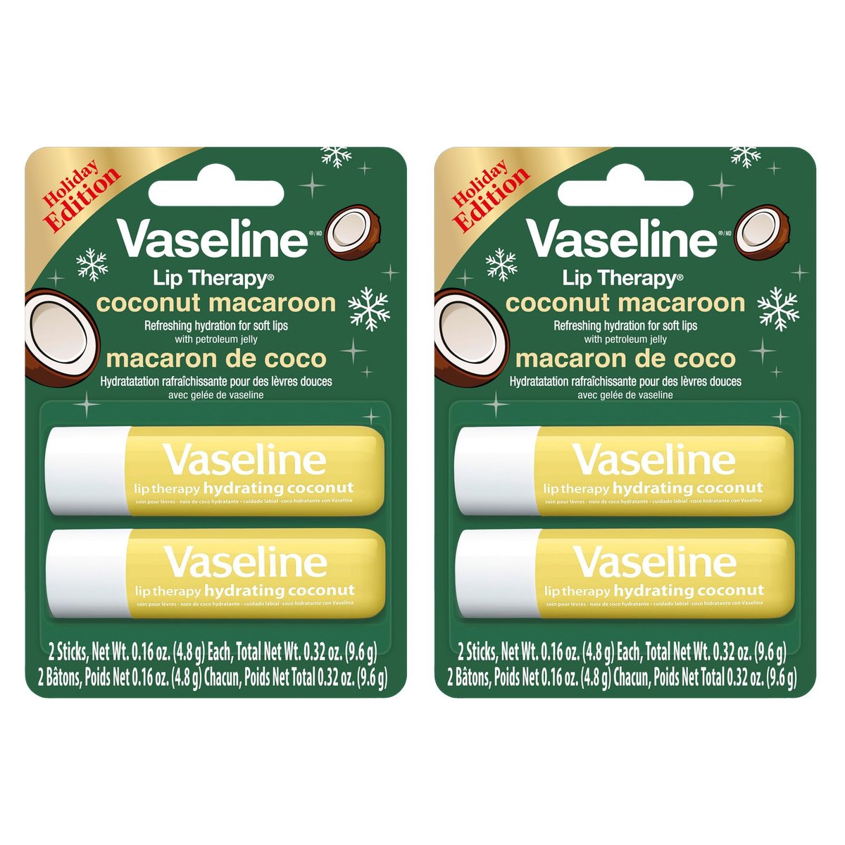 Vaseline Lip Therapy Holiday Edition Coconut Macaroon – Erfrischende Feuchtigkeitspflege mit Vaseline, 2er-Pack mit 4 Sticks, je 4,5 g