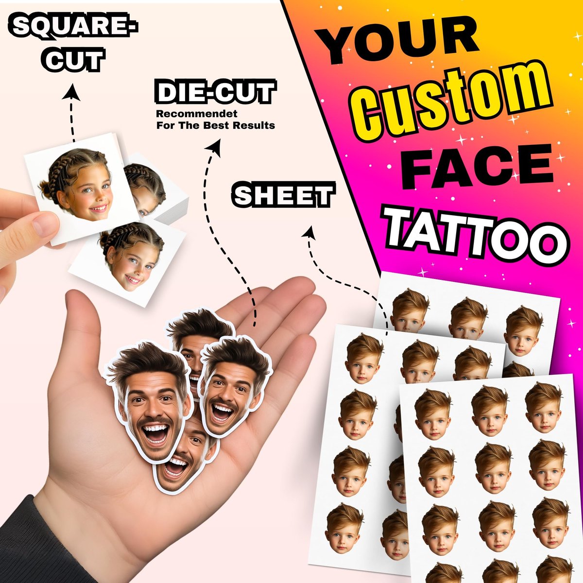 Dein Glück – Personalisierte Foto-Gesichts-Tattoos zum Aufkleben | Lustige individuelle Fake-Tattoos für Partys, Hochzeiten & Events | Hergestellt in den USA