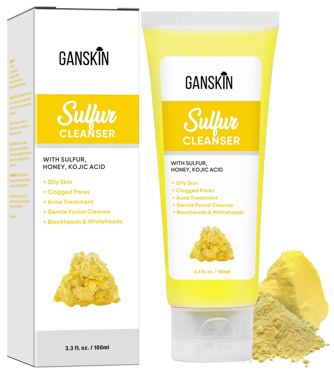Ganskin Schwefelseife – Schwefel Gesichts- & Körperwäsche – Exfolierender Gesichtsreiniger, absorbiert überschüssiges Öl, reduziert das Erscheinungsbild von Unreinheiten & reinigt die Haut – Natürliche Pflege für fettige & zu Unreinheiten neigende Haut