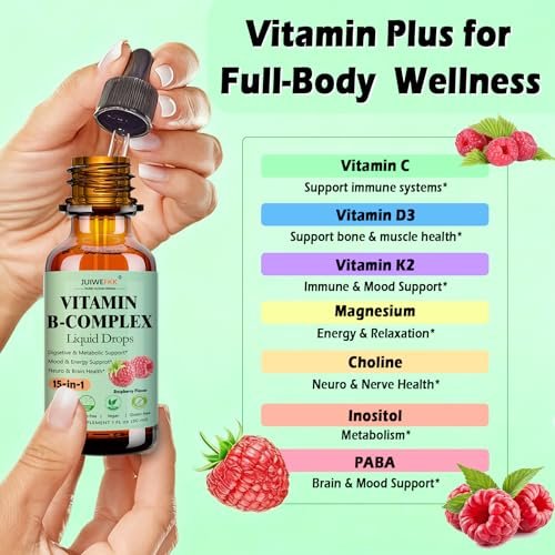 Vitamin B Komplex Flüssig Tropfen für Frauen, Männer & Kinder – 15-in-1 B-Komplex mit Vitamin C, B12, B6, B1, Niacin, Folsäure, Magnesium – für Gehirn, Nerven, Energie, Stimmung & Gesundheit – Sublinguale B-Komplex Tropfen