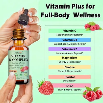 Vitamin B Komplex Flüssig Tropfen für Frauen, Männer & Kinder – 15-in-1 B-Komplex mit Vitamin C, B12, B6, B1, Niacin, Folsäure, Magnesium – für Gehirn, Nerven, Energie, Stimmung & Gesundheit – Sublinguale B-Komplex Tropfen