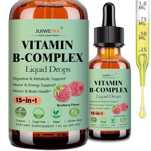 Vitamin B Komplex Flüssig Tropfen für Frauen, Männer & Kinder – 15-in-1 B-Komplex mit Vitamin C, B12, B6, B1, Niacin, Folsäure, Magnesium – für Gehirn, Nerven, Energie, Stimmung & Gesundheit – Sublinguale B-Komplex Tropfen