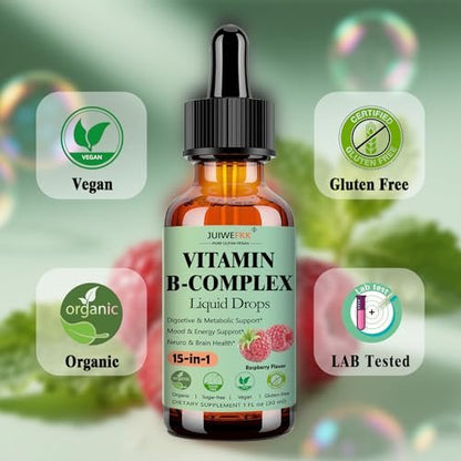 Vitamin B Komplex Flüssig Tropfen für Frauen, Männer & Kinder – 15-in-1 B-Komplex mit Vitamin C, B12, B6, B1, Niacin, Folsäure, Magnesium – für Gehirn, Nerven, Energie, Stimmung & Gesundheit – Sublinguale B-Komplex Tropfen