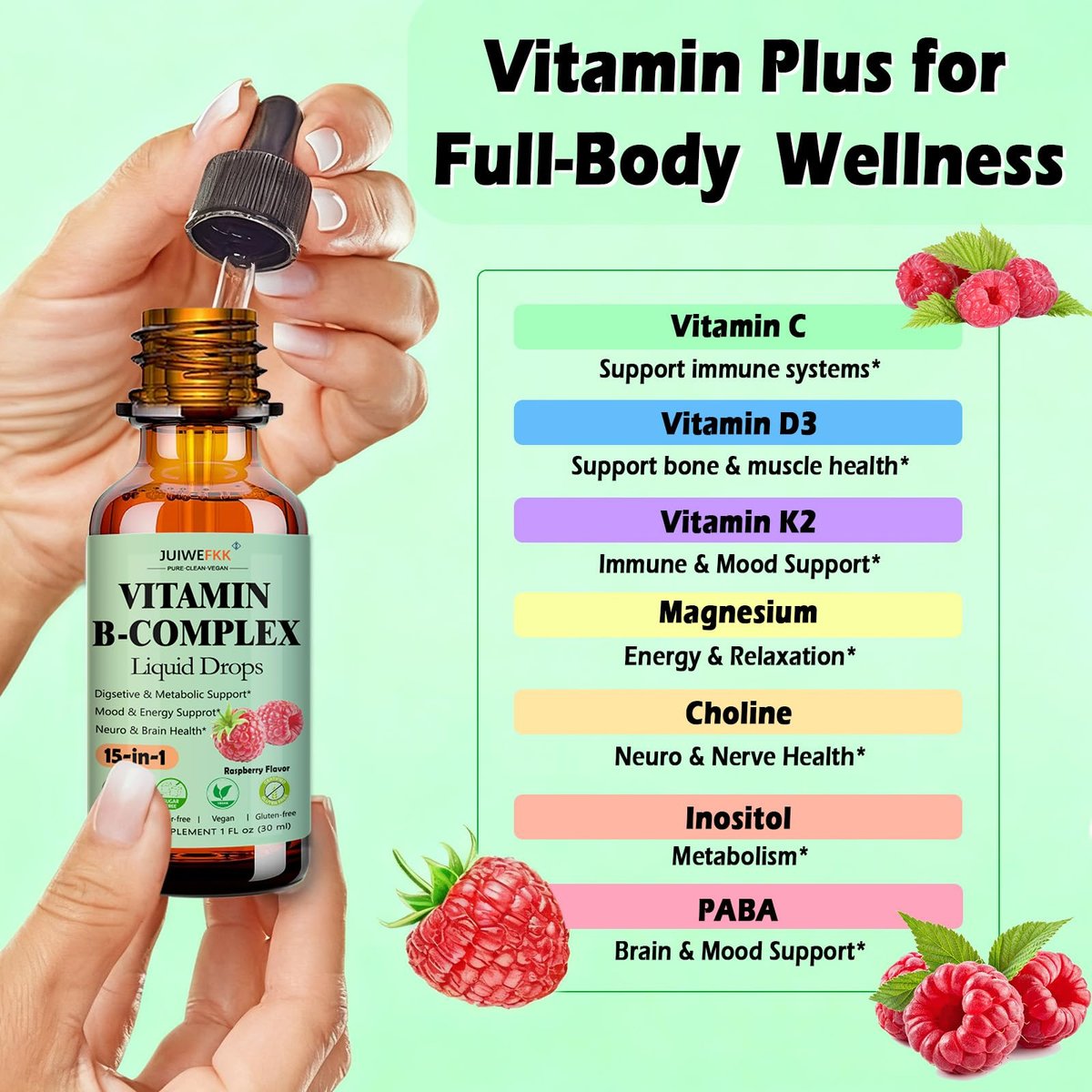 Vitamin B Komplex Flüssig Tropfen für Frauen, Männer & Kinder – 15-in-1 B-Komplex mit Vitamin C, B12, B6, B1, Niacin, Folsäure, Magnesium – für Gehirn, Nerven, Energie, Stimmung & Gesundheit – Sublinguale B-Komplex Tropfen