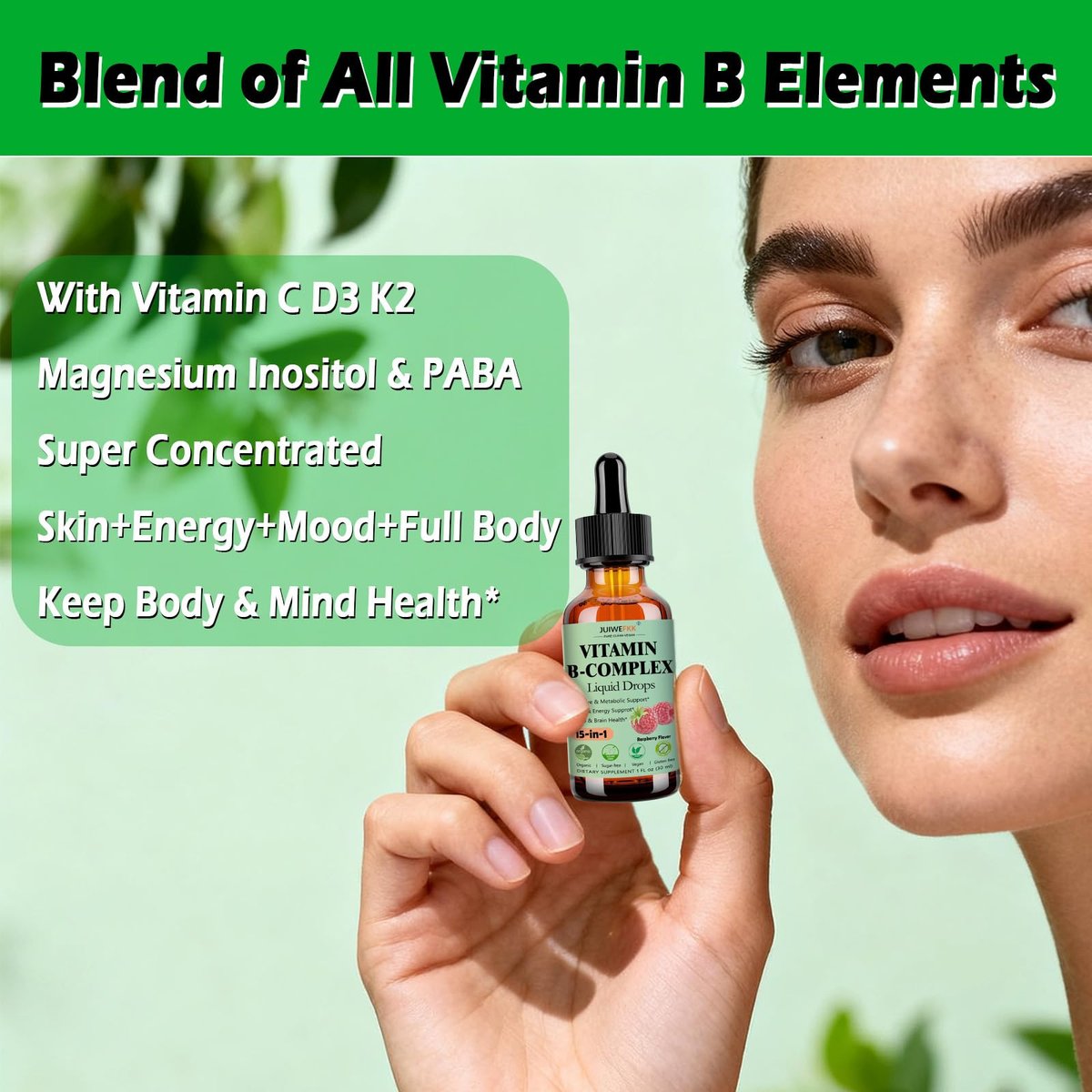 Vitamin B Komplex Flüssig Tropfen für Frauen, Männer & Kinder – 15-in-1 B-Komplex mit Vitamin C, B12, B6, B1, Niacin, Folsäure, Magnesium – für Gehirn, Nerven, Energie, Stimmung & Gesundheit – Sublinguale B-Komplex Tropfen