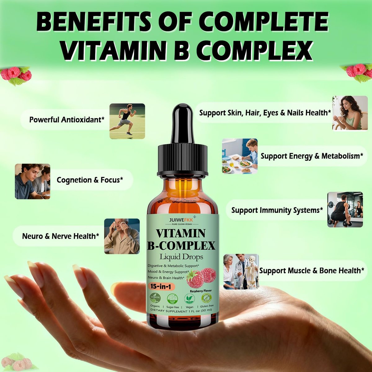 Vitamin B Komplex Flüssig Tropfen für Frauen, Männer & Kinder – 15-in-1 B-Komplex mit Vitamin C, B12, B6, B1, Niacin, Folsäure, Magnesium – für Gehirn, Nerven, Energie, Stimmung & Gesundheit – Sublinguale B-Komplex Tropfen