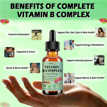 Vitamin B Komplex Flüssig Tropfen für Frauen, Männer & Kinder – 15-in-1 B-Komplex mit Vitamin C, B12, B6, B1, Niacin, Folsäure, Magnesium – für Gehirn, Nerven, Energie, Stimmung & Gesundheit – Sublinguale B-Komplex Tropfen