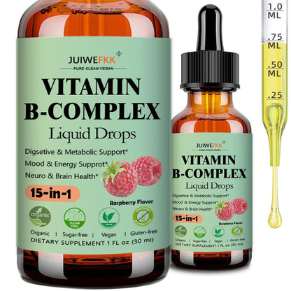 Vitamin B Komplex Flüssig Tropfen für Frauen, Männer & Kinder – 15-in-1 B-Komplex mit Vitamin C, B12, B6, B1, Niacin, Folsäure, Magnesium – für Gehirn, Nerven, Energie, Stimmung & Gesundheit – Sublinguale B-Komplex Tropfen