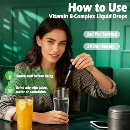 Vitamin B Komplex Flüssig Tropfen für Frauen, Männer & Kinder – 15-in-1 B-Komplex mit Vitamin C, B12, B6, B1, Niacin, Folsäure, Magnesium – für Gehirn, Nerven, Energie, Stimmung & Gesundheit – Sublinguale B-Komplex Tropfen