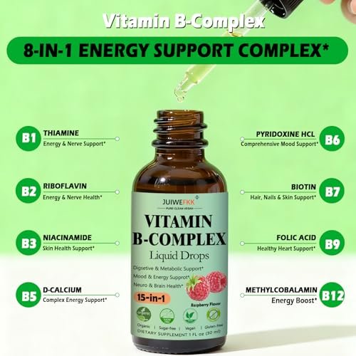 Vitamin B Komplex Flüssig Tropfen für Frauen, Männer & Kinder – 15-in-1 B-Komplex mit Vitamin C, B12, B6, B1, Niacin, Folsäure, Magnesium – für Gehirn, Nerven, Energie, Stimmung & Gesundheit – Sublinguale B-Komplex Tropfen