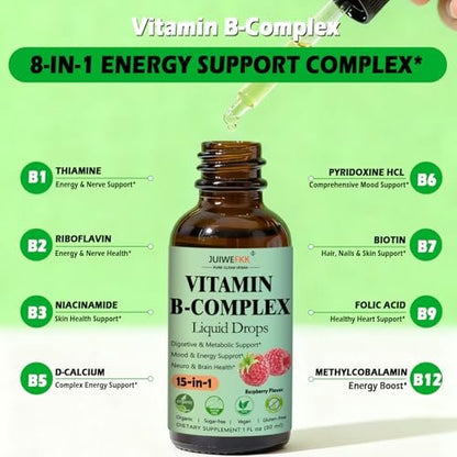 Vitamin B Komplex Flüssig Tropfen für Frauen, Männer & Kinder – 15-in-1 B-Komplex mit Vitamin C, B12, B6, B1, Niacin, Folsäure, Magnesium – für Gehirn, Nerven, Energie, Stimmung & Gesundheit – Sublinguale B-Komplex Tropfen