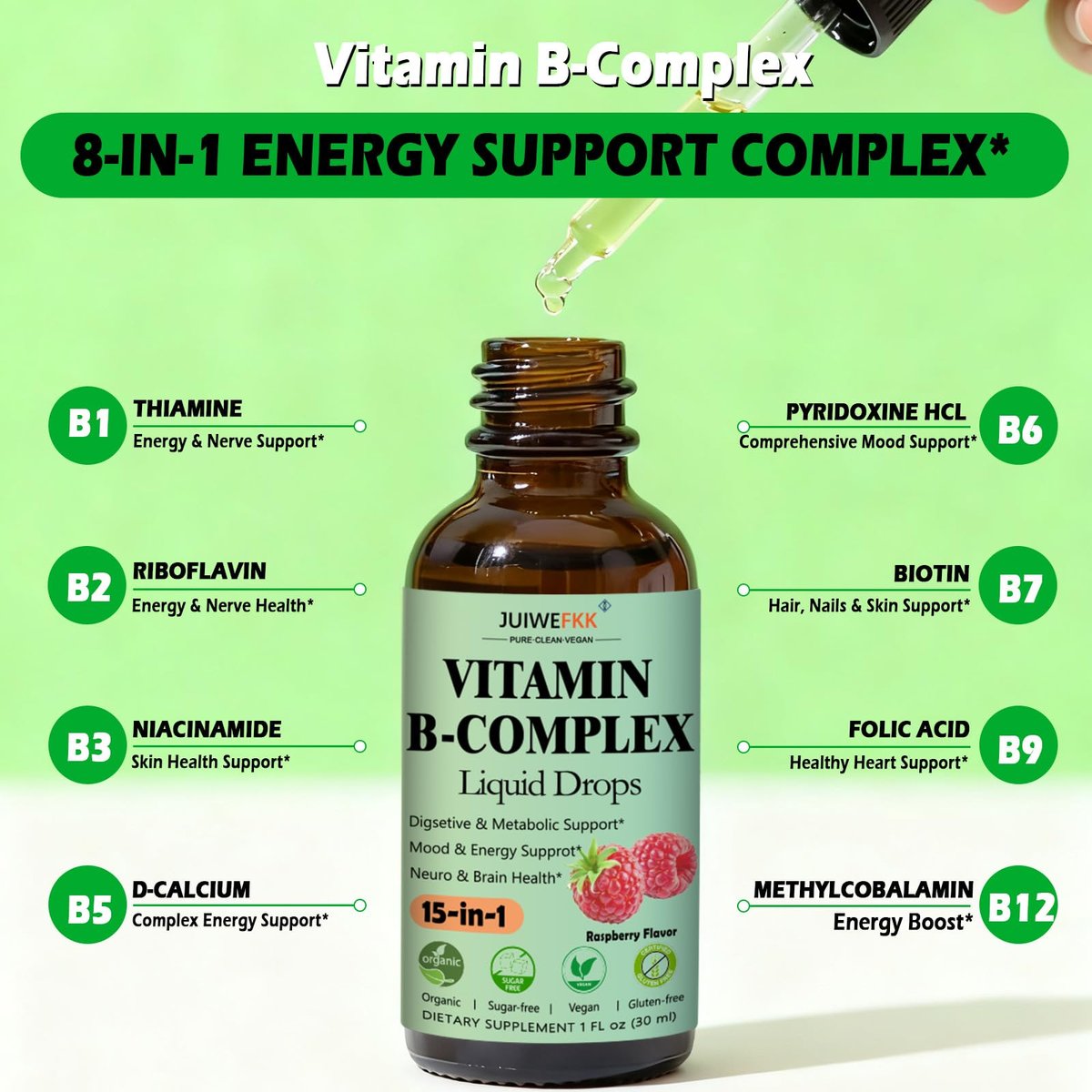 Vitamin B Komplex Flüssig Tropfen für Frauen, Männer & Kinder – 15-in-1 B-Komplex mit Vitamin C, B12, B6, B1, Niacin, Folsäure, Magnesium – für Gehirn, Nerven, Energie, Stimmung & Gesundheit – Sublinguale B-Komplex Tropfen