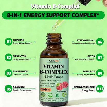 Vitamin B Komplex Flüssig Tropfen für Frauen, Männer & Kinder – 15-in-1 B-Komplex mit Vitamin C, B12, B6, B1, Niacin, Folsäure, Magnesium – für Gehirn, Nerven, Energie, Stimmung & Gesundheit – Sublinguale B-Komplex Tropfen