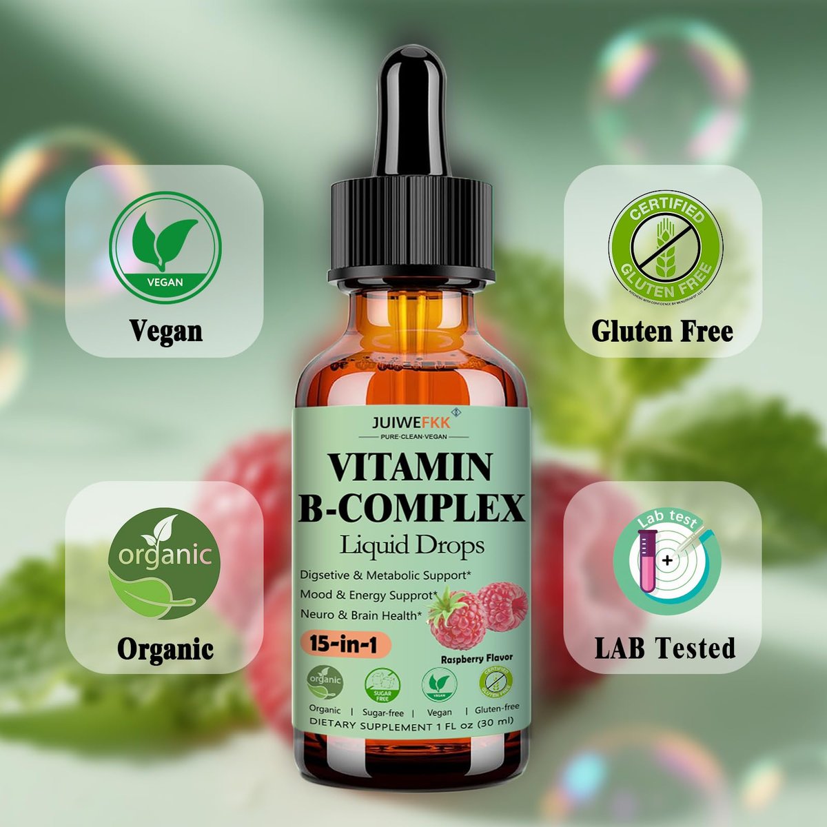 Vitamin B Komplex Flüssig Tropfen für Frauen, Männer & Kinder – 15-in-1 B-Komplex mit Vitamin C, B12, B6, B1, Niacin, Folsäure, Magnesium – für Gehirn, Nerven, Energie, Stimmung & Gesundheit – Sublinguale B-Komplex Tropfen