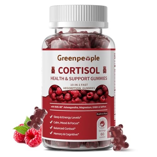 GREENPEOPLE Cortisol-Entspannungs-Gummis für Frauen & Männer - Stressabbau mit KSM-66 Ashwagandha, Magnesium, L-Theanin, GABA & Vitamin B6 - 60 Stück, Himbeergeschmack