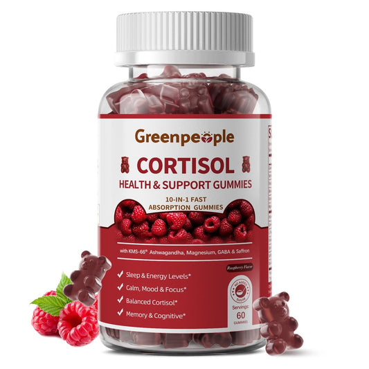 GREENPEOPLE Cortisol-Entspannungs-Gummis für Frauen & Männer - Stressabbau mit KSM-66 Ashwagandha, Magnesium, L-Theanin, GABA & Vitamin B6 - 60 Stück, Himbeergeschmack